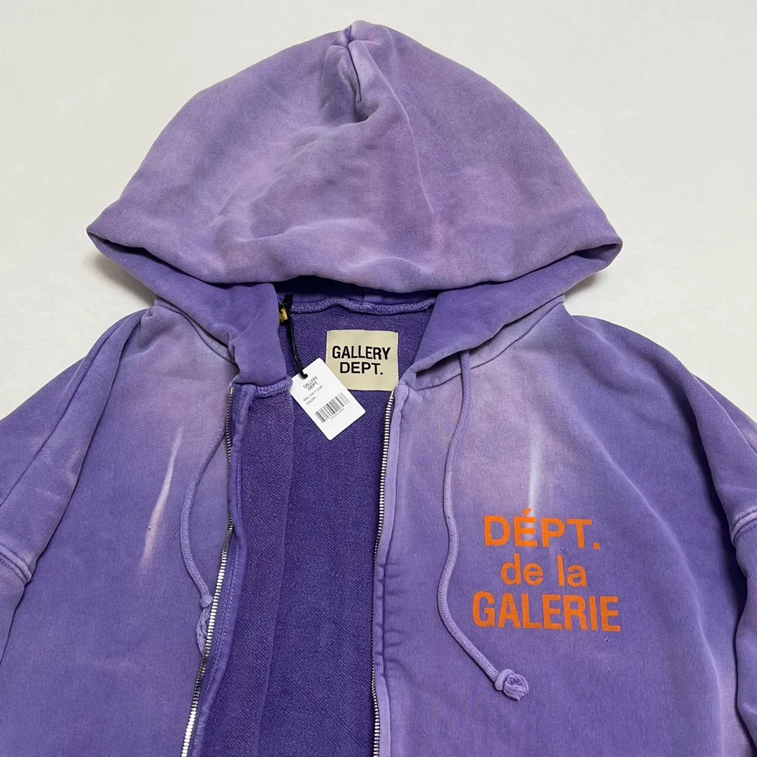 The same style as the owner GALLERY DEPT. FRENCH ZIP HOODIE water corrugated French zipper hole hoodie, sun washed purple, washed purple S-XL, ready-to-wear dyeing, hand-stitched and heavy-weighted, faded, super-heavy washing, hand-hanging holes, bone edges turned white, molded and customized with G LOGO zipper